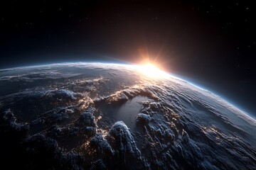 Planet Earth rotating in space, showing a view of city lights at night with the sun rising over the horizon, evoking a sense of global unity.