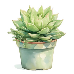A beautiful pale green succulent plant with thick fleshy leaves arranged in a rosette pattern sits in a decorative pot