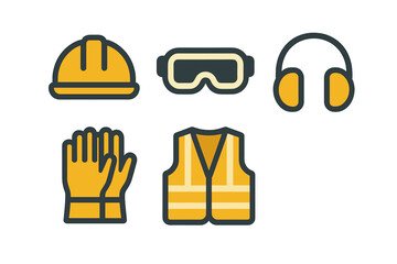 Construction worker personal protective equipment set with hard hat, safety glasses, gloves, vest, and ear protection