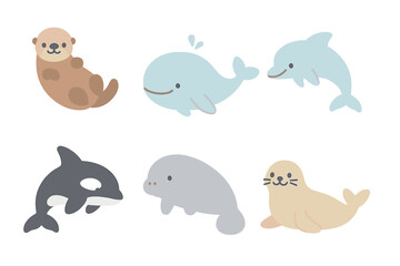 Adorable collection of diverse marine animals featuring a sea otter, blue whale, common dolphin, killer whale, manatee, and harbor seal
