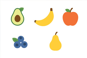 Brightly colored fresh healthy fruits collection with avocado, banana, apple, blueberries, and pear