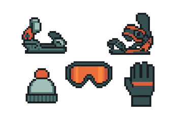 Winter sports equipment set featuring snowboard bindings, ski goggles, warm beanie, and protective glove in pixel art style