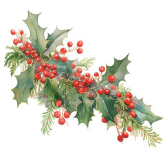 A beautiful watercolor illustration of a festive christmas holly garland with vibrant red berries and evergreen sprigs on a white background