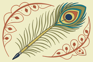 Obraz premium peacock feather, traditional indian fan, gold paint brush, calligraphy, traditional indian patterns, colorful, vibrant, intricate details, ornate, decorative