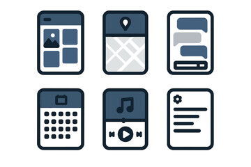 Obraz premium Modern mobile application interface icons set for various digital functions and features including gallery, map, chat, calendar, music, and settings