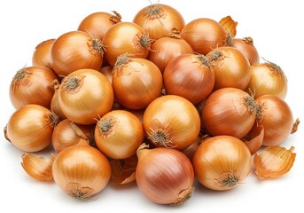Pile of yellow onions isolated on white background