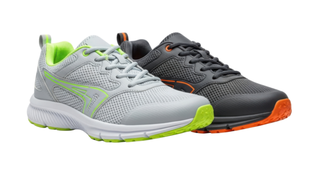 Pair of light gray and dark gray athletic shoes isolated PNG with Transparent Background