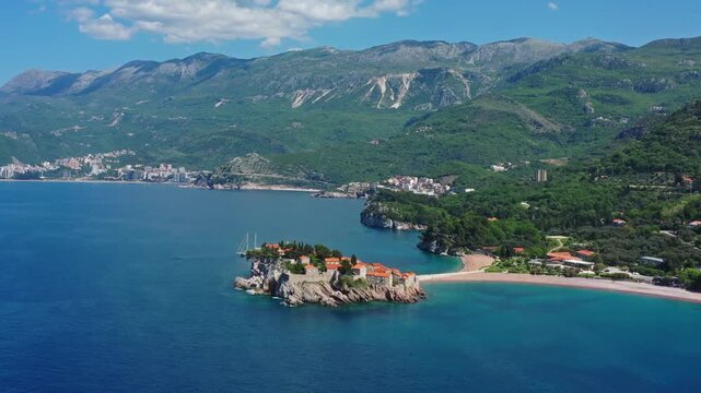 Aerial view of Sveti Stefan resort island in Montenegro, 4k