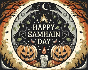 Happy samhain day poster with carved jack o lantern pumpkins, candle flame, crescent moon and swirling autumn leaves, spooky harvest motifs, ideal for festival posters, banners and social media