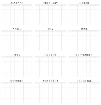 Full Year Calendar Customizable Reusable Blank Grid, transparent background