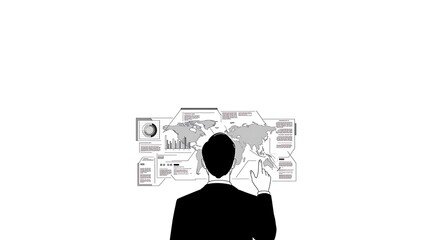 a futuristic businessman using ai technology to chat with artificial intelligence on a global virtual graphic interface, subject at the bottom with clear copy space at the top for photos