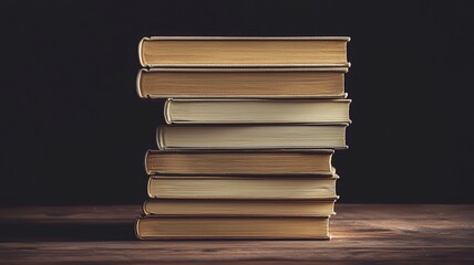 Stack of light brown and white hardcover books in flat lay style, front view minimal book display
