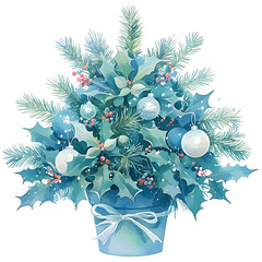 A beautifully decorated small christmas tree in a blue pot adorned with white ribbon and festive ornaments and lights