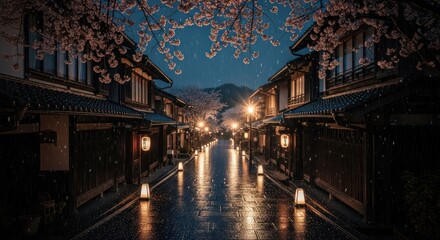 Fototapeta premium Glistening street in a Japanese town lined with traditional houses under blooming trees
