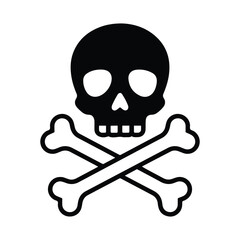 Black skull and crossbones silhouette symbol, representing danger, poison, pirate emblem, or warning sign. Simple bold vector design ideal for icons, labels, and caution graphics.