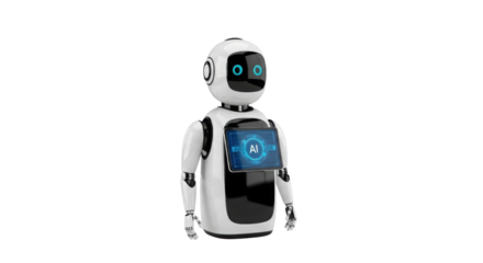 Cute robot assistant showing the AI symbol on screen isolated PNG with Transparent Background