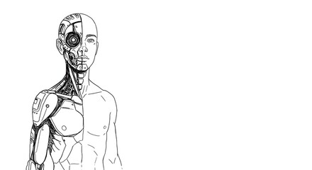 cybernetic enhancements in human bodies concept, subject with futuristic technology on the right side, leaving clear copy space on the left for text or graphics, black and white minimalist sketch