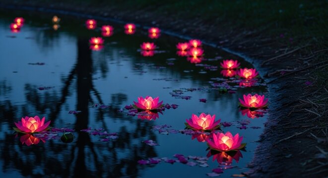 Glowing lotus flowers floating in dark water, reflections visible at nighttime
