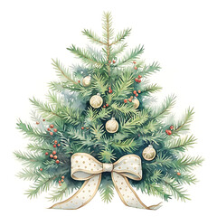 A beautifully decorated christmas tree with soft green needles adorned with delicate ornaments and a festive ivory ribbon bow at its base perfect for holiday celebrations