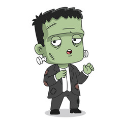 Adorable cartoon Frankenstein monster in torn suit, perfect for Halloween party, spooky design, sticker, or decoration