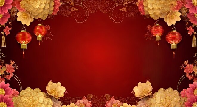 Festive Chinese New Year background with red lanterns, golden flowers, and traditional ornate patterns