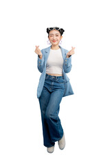 Full body Asian Woman giving a finger heart pose with a warm and friendly expression on PNG © STOCK88PHOTOGRAPHER