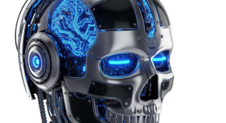 Robotic Skull with Glowing Blue Lights isolated PNG with Transparent Background