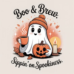 Cute Halloween illustration with ghost in beanie holding coffee and pumpkin, with candle and autumn leaves
