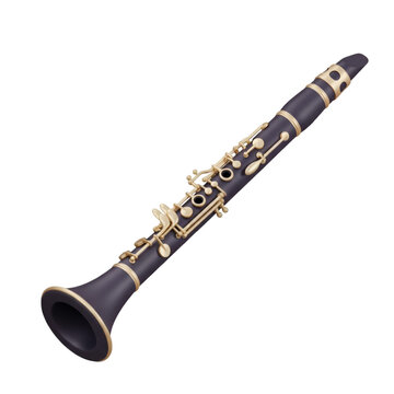 A black clarinet with gold keys isolated on a transparent background