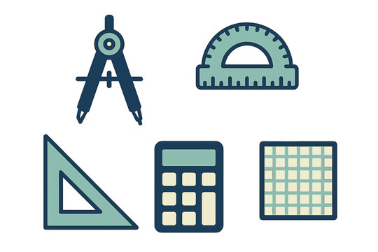 Collection of essential geometry and mathematics tools including compass, protractor, set square, and calculator