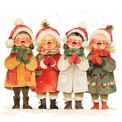 Four vintage style children wearing warm winter hats and scarves singing carols together in the snow during christmas holidays