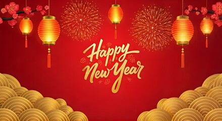 Naklejka premium Happy New Year card with festive Chinese lanterns, fireworks, and golden patterns on a red background.