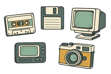 Assortment of vintage tech objects such as a compact cassette, floppy diskette, desktop computer screen, handheld pager, and film camera
