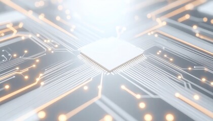 Abstract Digital Circuitry Composition with Glowing Lines and Central Processor