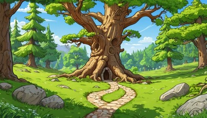Cartoon old tree with home inside tree in the forest