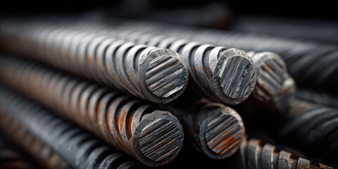 close-up view of stacked steel rebars, showing the textured surface and ends of the bars. The reinforcing rods display signs of light rust, highlighting their raw industrial state, commonly used in co