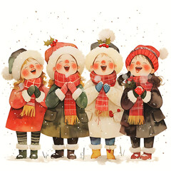 Four cheerful rosy cheeked cartoon children wearing winter hats and scarves singing joyfully outdoors in the snow during christmas