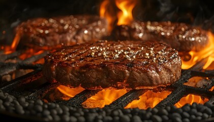 Grilled meat steak on stainless grill depot with flames.