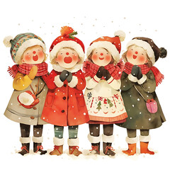 Four charming vintage style christmas dolls dressed in winter clothing and hats holding hands and smiling joyfully together