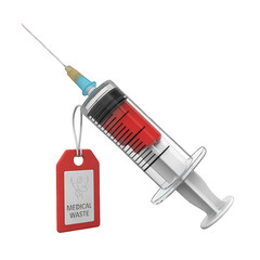 Syringe with medical waste tag on transparent background