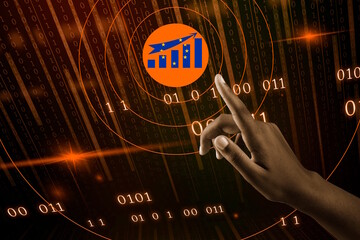 Touche du doigt les objectifs de croissance sur le march&eacute; europ&eacute;en pour repr&eacute;senter les affaires, des achats sur internet, le web avec un fond de donn&eacute;es binaires