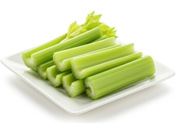 Fresh celery stalks with leaves on a white plate isolated on white background
