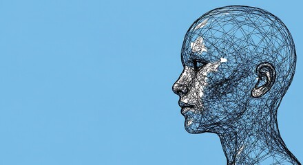 a generative human head shape illustration symbolizing artificial intelligence, positioned on the right side against a sky blue background, ample copy space on the left for text or design elements