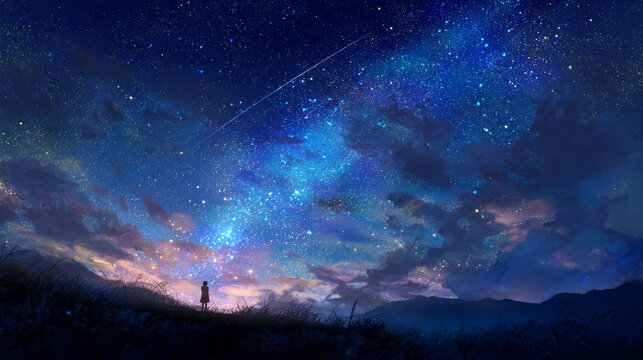 Stargazing under Milky Way Galaxy with Shooting Star AI Generated