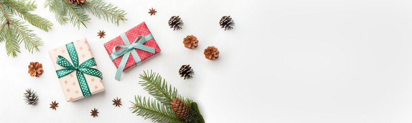 Christmas Gift Boxes with Copy Space on White Background. Banner.