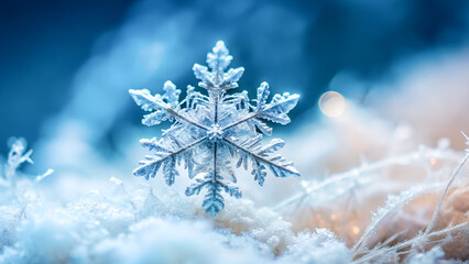 Macro close-up of a single snowflake on a soft blurred background, minimal composition, copy space, perfect for winter greeting cards and science or nature themes.