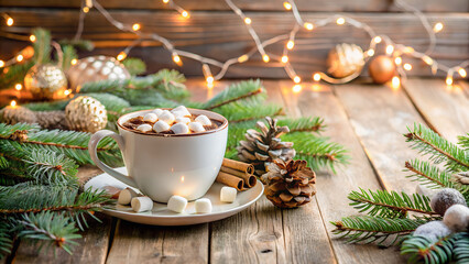 Warm cup of hot chocolate with marshmallows on a rustic wooden table, pine branches and fairy lights in background, cozy winter atmosphere, copy space, photorealistic, lifestyle stock style.