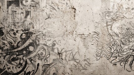 Fototapeta premium Wide-angle view of concrete background with intricate urban-inspired patterns, blending rough textures and abstract graffiti elements