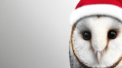 A close-up of a barn owl wearing a red Santa hat. The owl has white feathers with brown markings and large, dark eyes. The background is plain and light-colored.