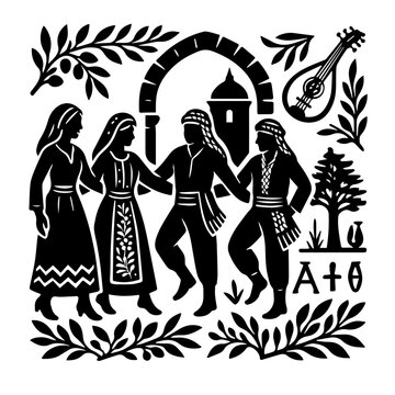 Levant/Balkan Circle Dance &mdash; Folk Group under Arch with Lute, Village (B/W Woodcut)
